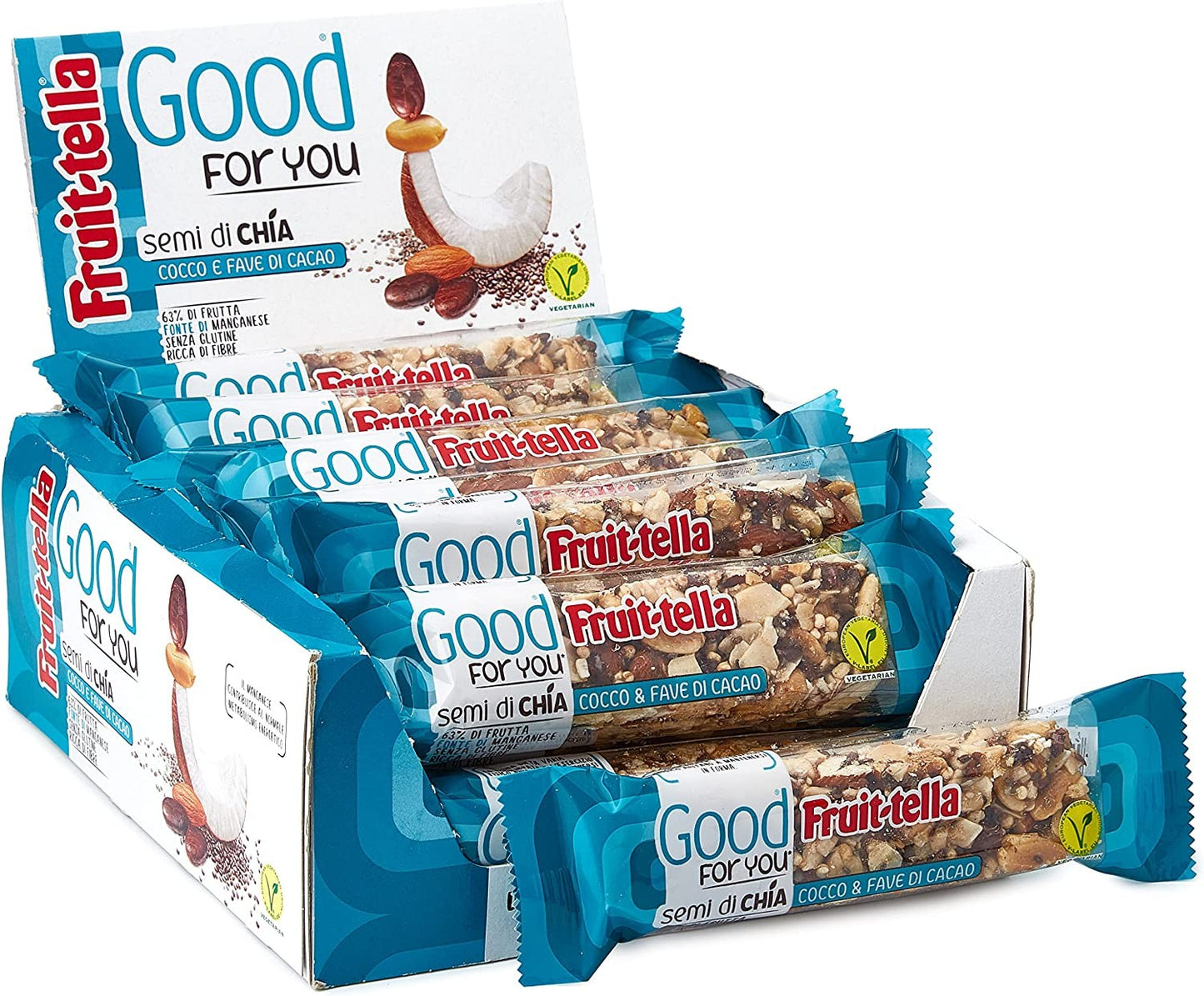 Fruittella Good For You Barrette Cocco e Fave di Cacao, con Mandorle e Semi di Chia, Barretta con Frutta Secca e Disidratata, Sn