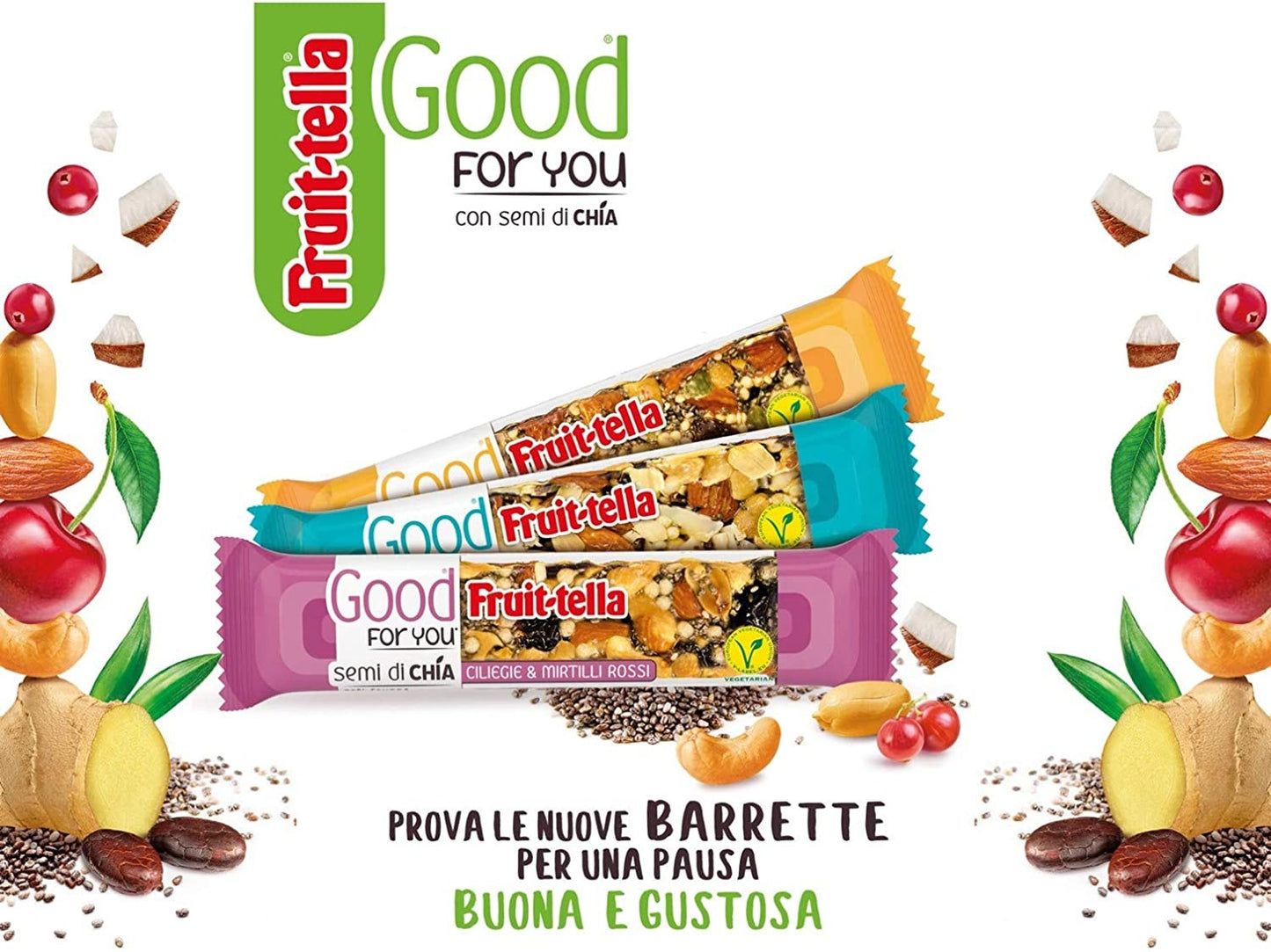 Fruittella Good For You Barrette Cocco e Fave di Cacao, con Mandorle e Semi di Chia, Barretta con Frutta Secca e Disidratata, Sn