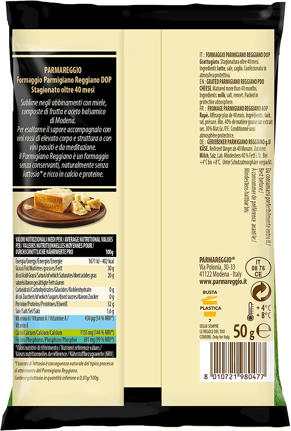 Parmareggio Parmigiano Reggiano Grattugiato, Stagionatura 40 Mesi, 50g
