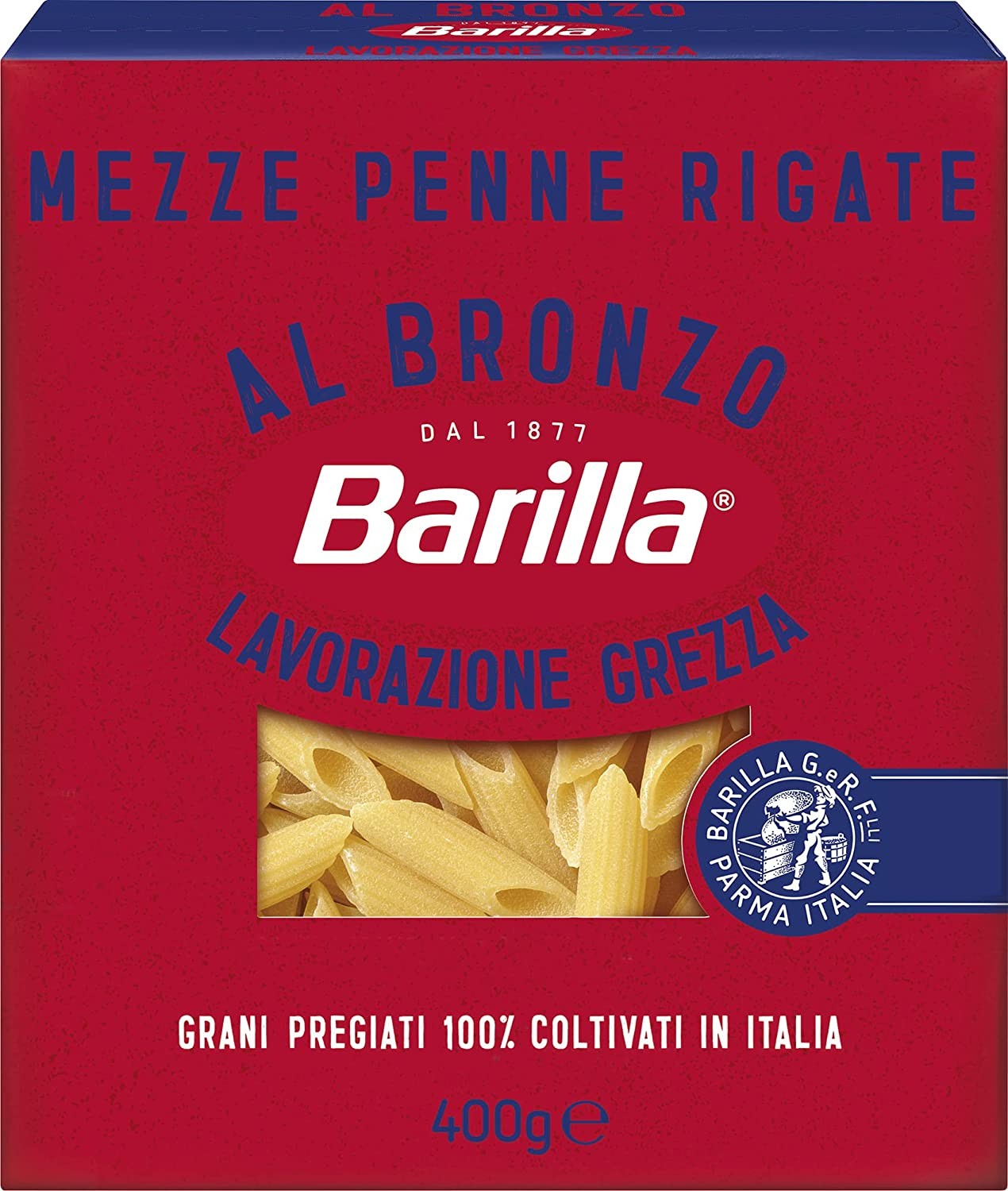 Barilla Pasta Al Bronzo Mezze Penne Rigate 100% Grano Italiano, Pasta Trafilata Al Bronzo con Lavorazione Grezza, Ruvidità Inten