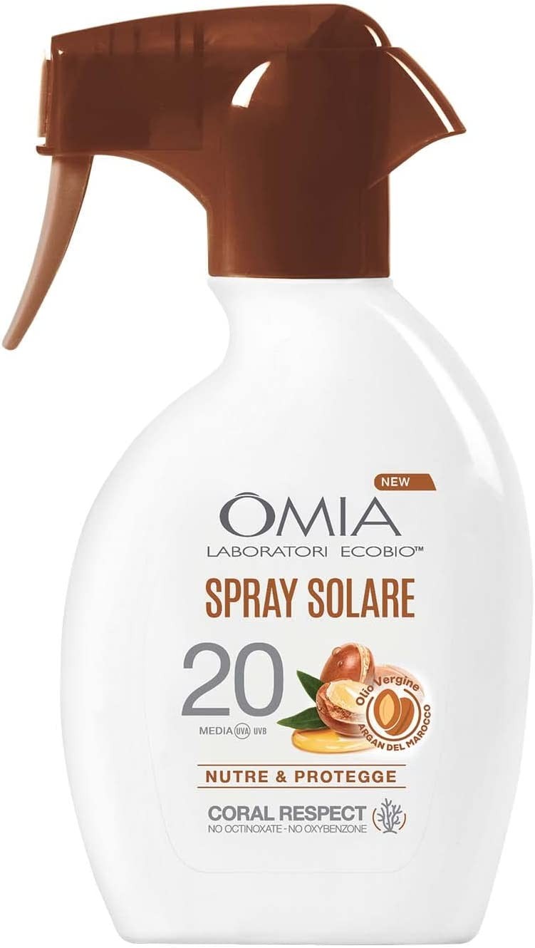 Omia, Spray Solare Protettivo SPF20 Viso e Corpo con Olio di Argan del Marocco, Protezione Solare Bassa, Per Pelli Moderatamente