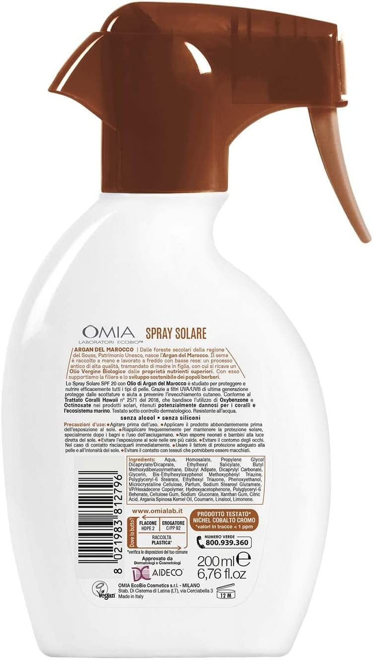Omia, Spray Solare Protettivo SPF20 Viso e Corpo con Olio di Argan del Marocco, Protezione Solare Bassa, Per Pelli Moderatamente