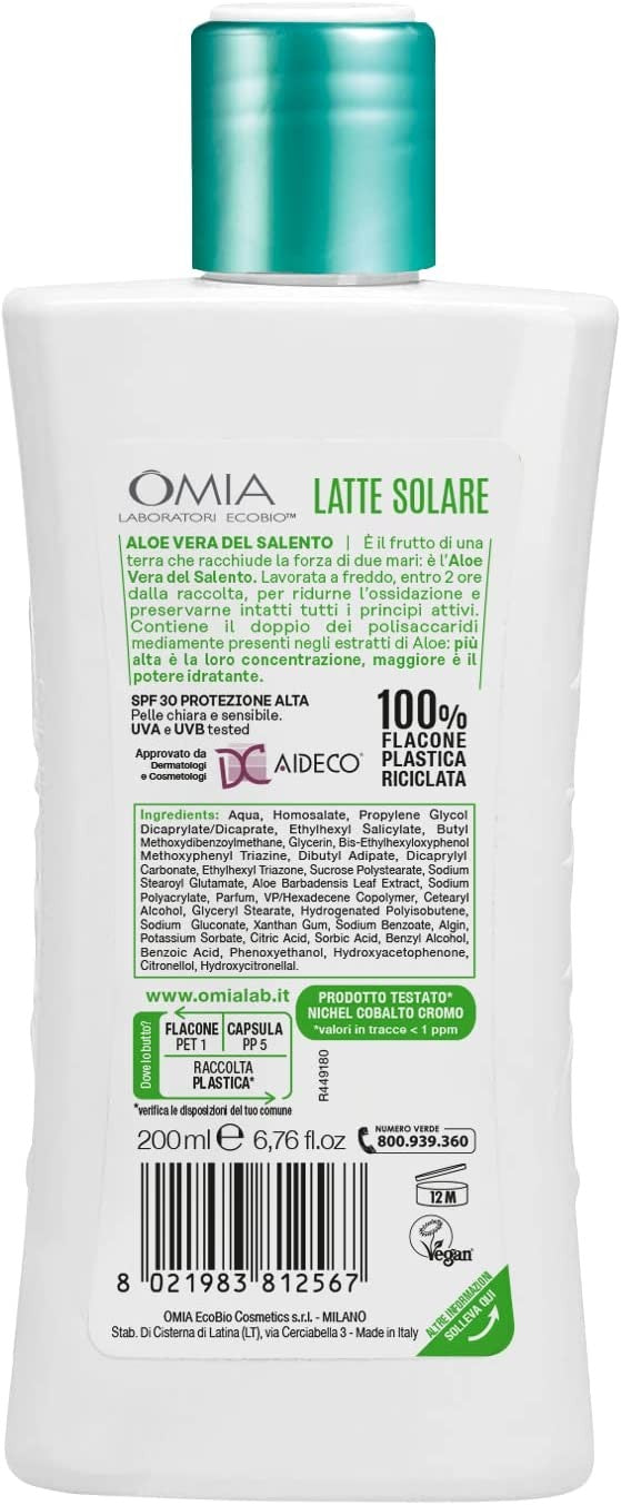 Omia, Latte Solare Protettivo SPF30 Viso e Corpo con Aloe Vera del Salento, Protezione Solare Alta, Per Pelli Chiare e Sensibili