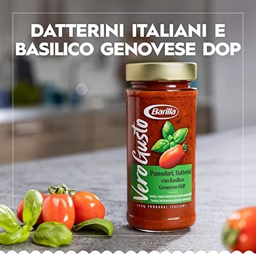 Barilla Vero Gusto, Sugo con Pomodori, Datterini e Basilico Genovese DOP, con Olio Extra Vergine di Oliva, Senza Zuccheri e Cons