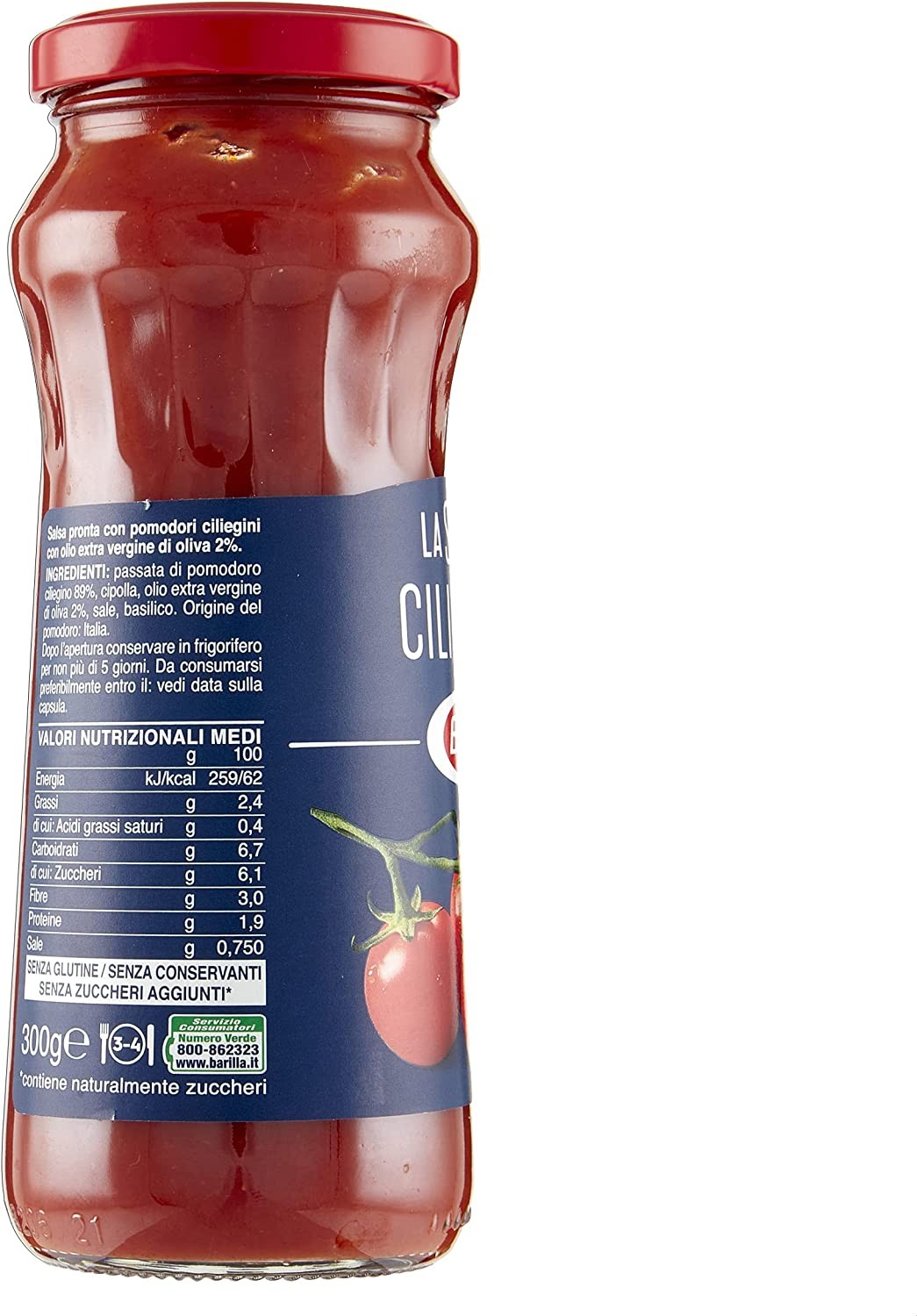 Barilla Salsa Pronta Ciliegini con Pomodori Ciliegini 100% Italiani, Senza Conservanti e Zuccheri Aggiunti, 300 g