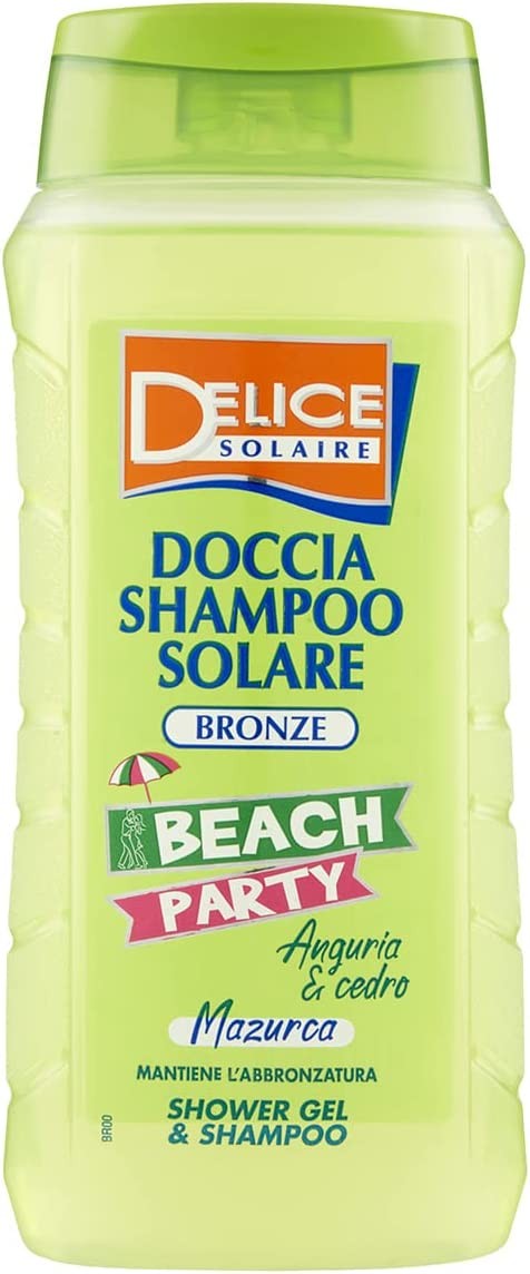 DELICE SOLAIRE Doccia Shampoo Solare Bronze Beach Party Mazurca 300 ml, Anguria e Cedro, Bagnodoccia e Shampoo in Uno