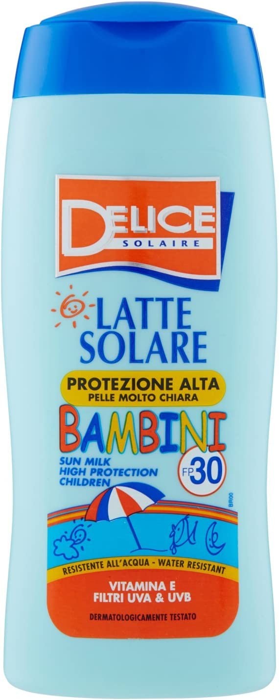 DELICE SOLAIRE Latte Solare Bambini Protezione Alta SPF30 250 ml, Resistente all'Acqua, Filtro Solare UVA e UVB, Protezione Sola