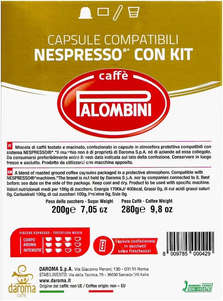 Kit 50 Capsule Comp. Nespresso Palombini Classico + 50 bustine di Zucchero + 50 palette + 50 bicchierini - Ottima soluzione per
