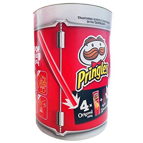 CONFEZIONE PRINGLES CHE SI TRASFORMA IN TAMBURO - ALL'INTERNO 4 TUBI DI PATATINE DA 165 GRAMMI E 2 BACCHETTE