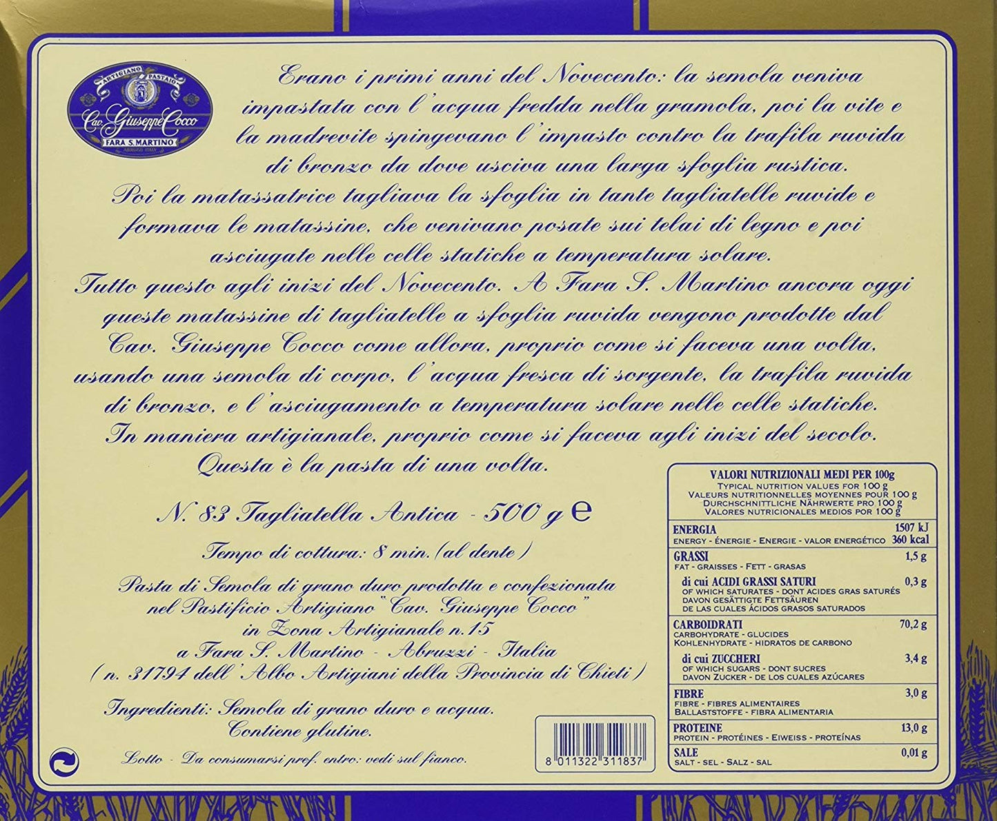 Artigiano Pastaio Formato Tagliatella Antica N.83 Cavalier Giuseppe Cocco Fara San Martino Abruzzo - 500 g