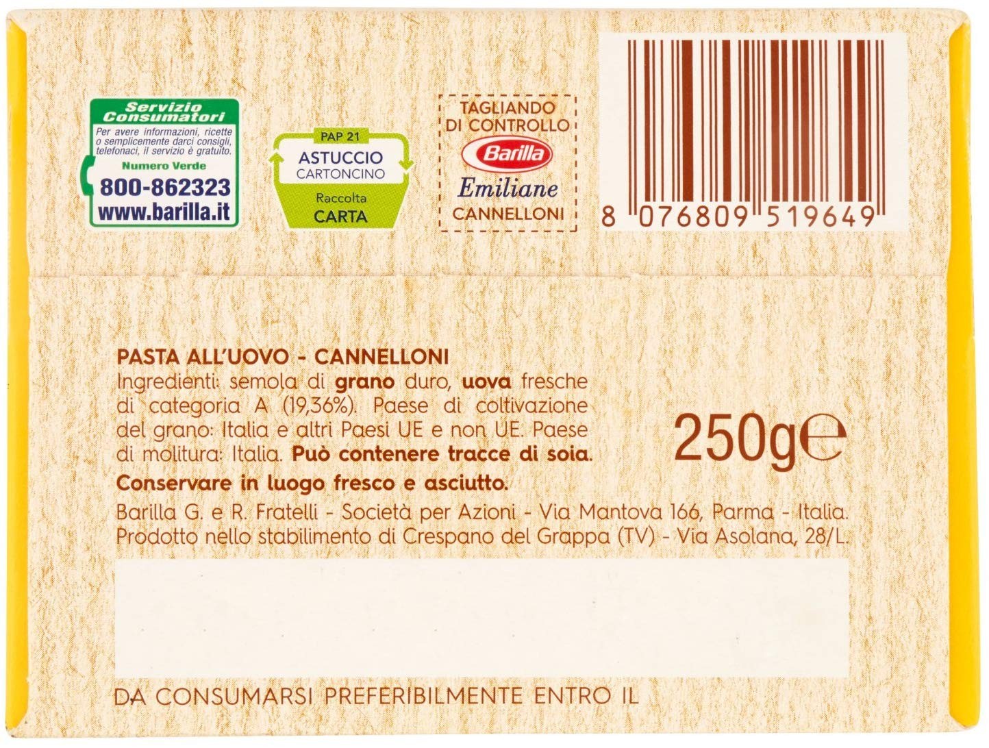 Barilla - Emiliane, Cannelloni all'Uovo - 250 g - [confezione da 6]