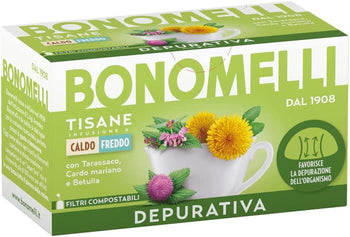 Bonomelli Tisane Funzionali, Depurativa, Confezione da 16 Filtri, con Cardo Mariano, Sambuco e Tarassaco, Integratore Alimentare, Favorisce la Depurazione dell'Organismo, Infusione a Caldo e a Freddo