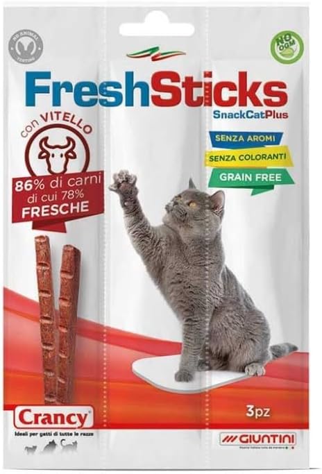 Giuntini Crancy Cat Fresh Sticks al Vitello 15g(3 Sticks) x 30 pz Mangime complementare per Gatti di Tutte Le età