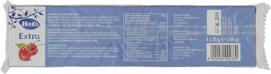 Hero Poker Confettura di Ciliegie Rosse, 30 confezioni da 100g (4 monodosi x 25 gr), marmellata e confettura extra, frutta di alta qualità, senza conservanti e senza coloranti