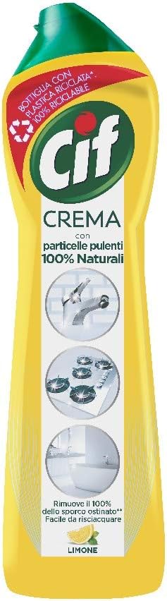 Cif Crema, Detergente per Superfici Dure, Formato 500 ml, Ideale su Grasso Incrostato, Residui di Cibo Bruciato e Macchie di Calcare, con Particelle Pulenti 100% Naturali, Limone