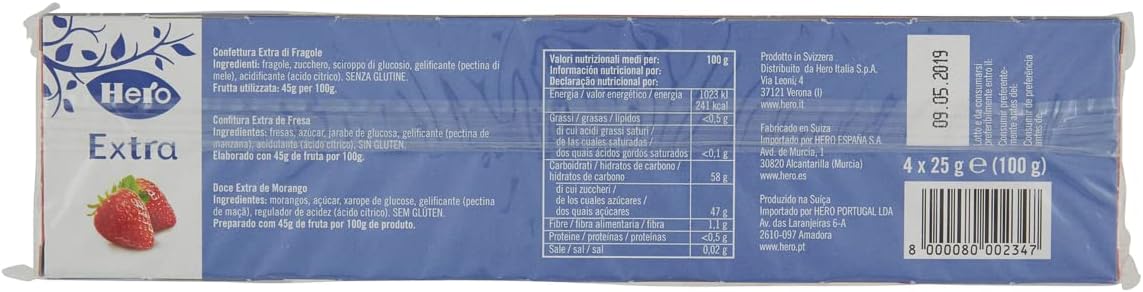 Hero Poker Marmellata di Fragole, 30 confezioni da 100g (4 monodosi x 25 gr), confettura extra, frutta di alta qualità, senza conservanti e senza coloranti
