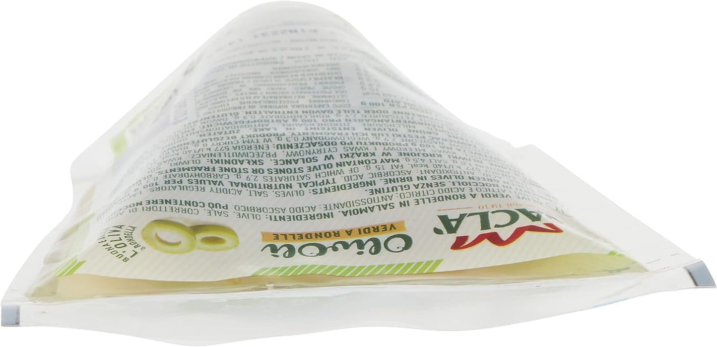 Saclà, OlivOlì, Olive Verdi a Rondelle, Ideali per Insalate e per Arricchire i Tuoi Piatti, Busta, 185g (85g sgocciolato), Confezione da 24 pezzi