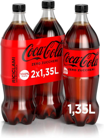 Coca-Cola Zero Zuccheri – 2 Bottiglie da 1.35 L, Tutto il Gusto della Formula Coca-Cola Senza Calorie, in bottiglia PET 100% Riciclabile, Bevanda Analcolica con Edulcoranti