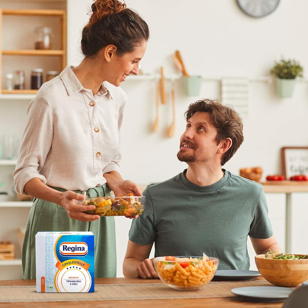 Regina Cinquestelle - 43 Tovaglioli a 2 Veli, Versatili ed Eleganti, Raffinate Decorazioni, 100% Pura Cellulosa Certificata FSC®