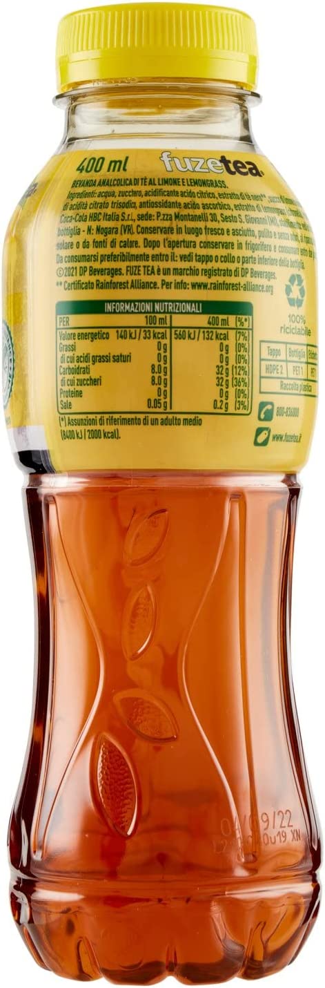 FuzeTea Limone e Lemongrass – 1 Bottiglia da 400 ml, Tè Freddo al Limone con una Nota di Lemongrass, in Bottiglia PET 100% Riciclabile, Bevanda Analcolica