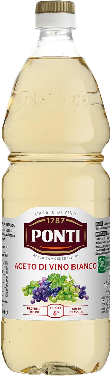 Ponti, Aceto di Vino Classico Bianco, Realizzato con Vini Selezionati, Ideale per Accompagnare Verdure Crude e Cotte, Acidità 6%, 100% Made in Italy, PET da 1L