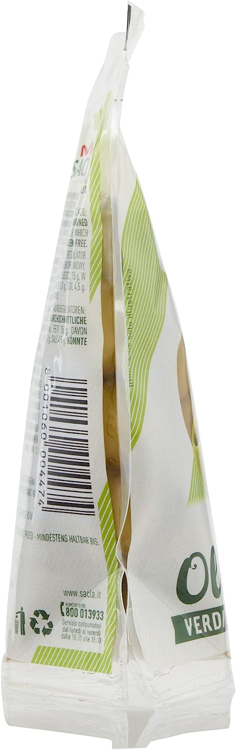 Saclà, OlivOlì, Olive Verdi Denocciolate, Ideali per Aperitivo, Insalate e per Arricchire i Tuoi Piatti, Busta, 185g (85g sgocciolato)