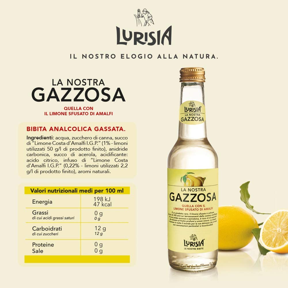 Lurisia La Nostra Gazzosa – 4 Bottiglie in Vetro 100% Riciclabile da 275ml, Bevanda Analcolica Prodotta con il Succo e l’infuso del "Limone Costa d'Amalfi I.G.P.", Gusto Dissetante