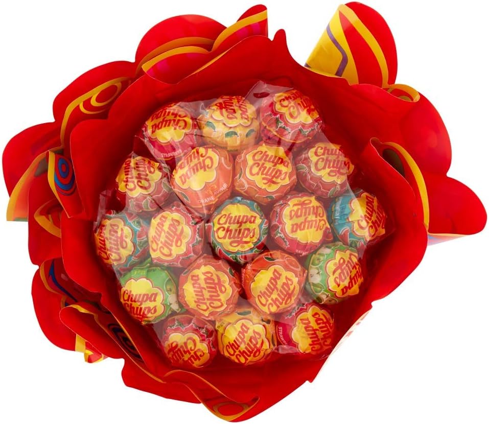 Chupa Chups Flower Bouquet, Lollipop Gusti Frutti Assortiti al Limone, Arancia, Fragola, Mela, Anguria e Ciliegia, Bouquet da 19 lecca lecca Monopezzo, Ottimo come Idea Regalo