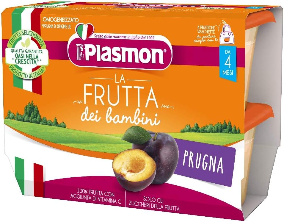 Plasmon Omogeneizzato La Frutta dei Bambini Prugna 4x100gr (6 Confezioni) con Frutta selezionata, 100% Frutta, con aggiunta di Vitamina C