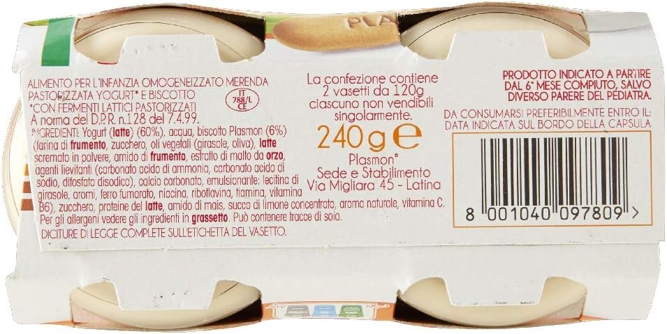 Plasmon Omogeneizzato Yogurt e Biscotto 120g 24 Vasetti Con Yogurt dell'Alto Adige, Fonte di Calcio e di Vitamina C
