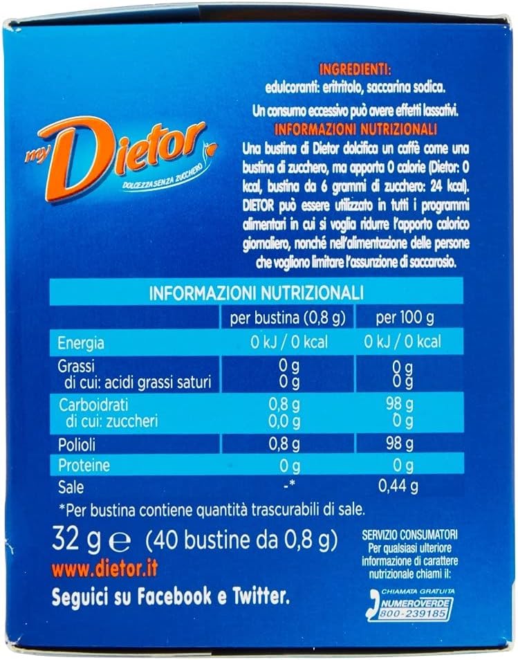 Dietor - Mydietor Dolcificante Naturale 0 Kcal, Senza Glutine, Senza Aspartame, 6 Box da 40 Bustine L'Una