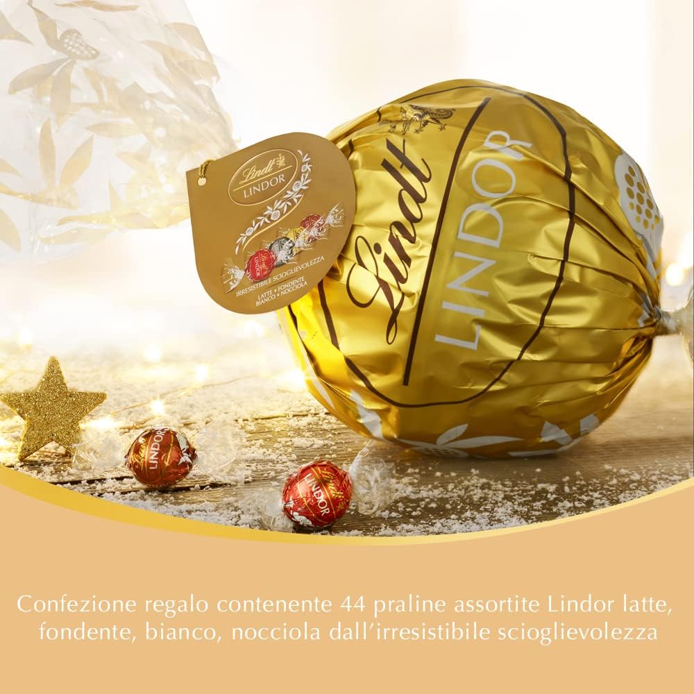 Lindt Lindor Praline di Cioccolato al Latte, Fondente, Bianco, Nocciola, Confezione da 44 in Scatola Regalo Maxi Boule Formato 550g