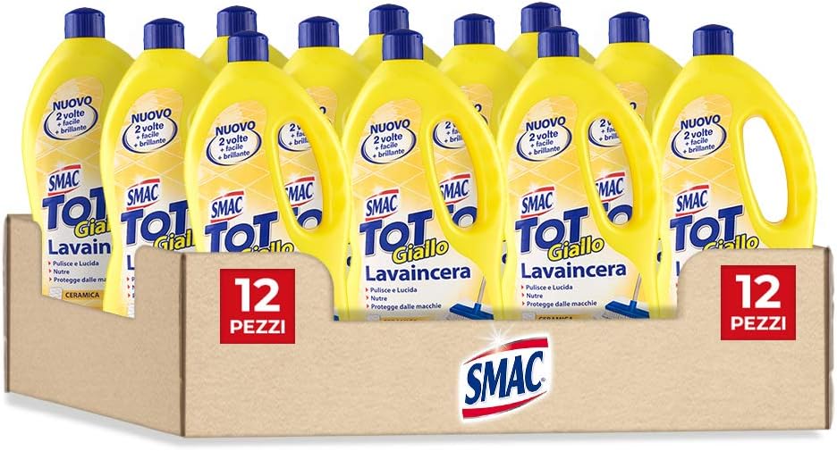 Smac - Tot Giallo Lavaincera, Detergente Pavimenti Pregiati in Ceramica, Marmo e Parquet, con Cera di Carnauba, 1000ml x 12 Pezzi