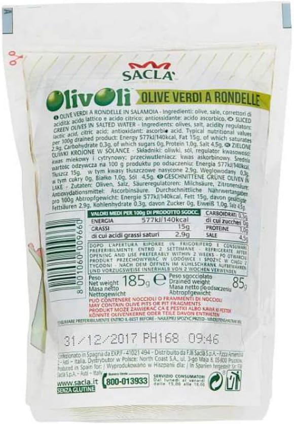 Sacla' Olive Verdi a Rondelle Green Sliced Olives 6.52oz 185gm ,Pack of 4