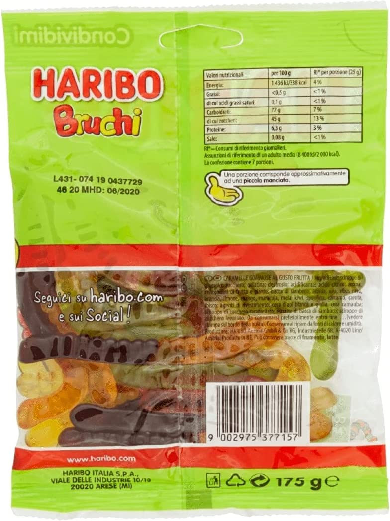 Haribo Bruchi Caramelle Gommose Alla Frutta, Caramelle A Forma Di Bruco Gusto, Senza Coloranti Artificiali, Ideali Per Grandi E Piccoli, Frutta Mista, 175 Grammo
