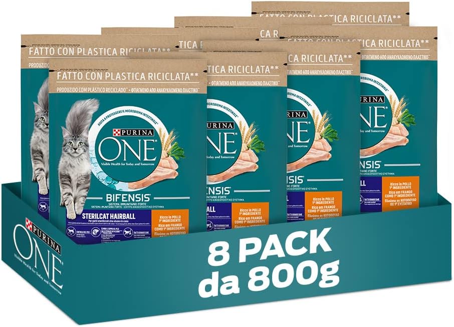 PURINA ONE Bifensis Crocchette Gatto Sterilcat Hairball Ricco in Pollo e Cereali Integrali - 8 sacchi da 800g ciascuno