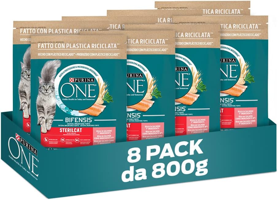 PURINA ONE Bifensis Crocchette Gatto Sterilcat Ricco in Salmone e Frumento - 8 sacchi da 800g ciascuno