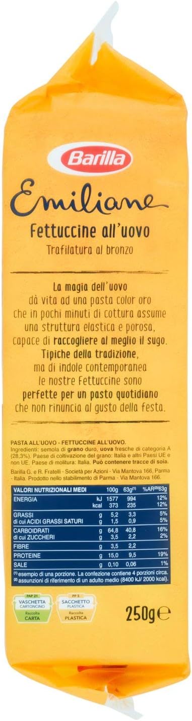 Barilla Pasta Le Emiliane Fettuccine all' Uovo, Sfoglia Ruvida, Nidi Tondi di Pasta all' Uovo con 100% Uova Fresche Italiane, Ideali con Sughi Saporiti, 250 g
