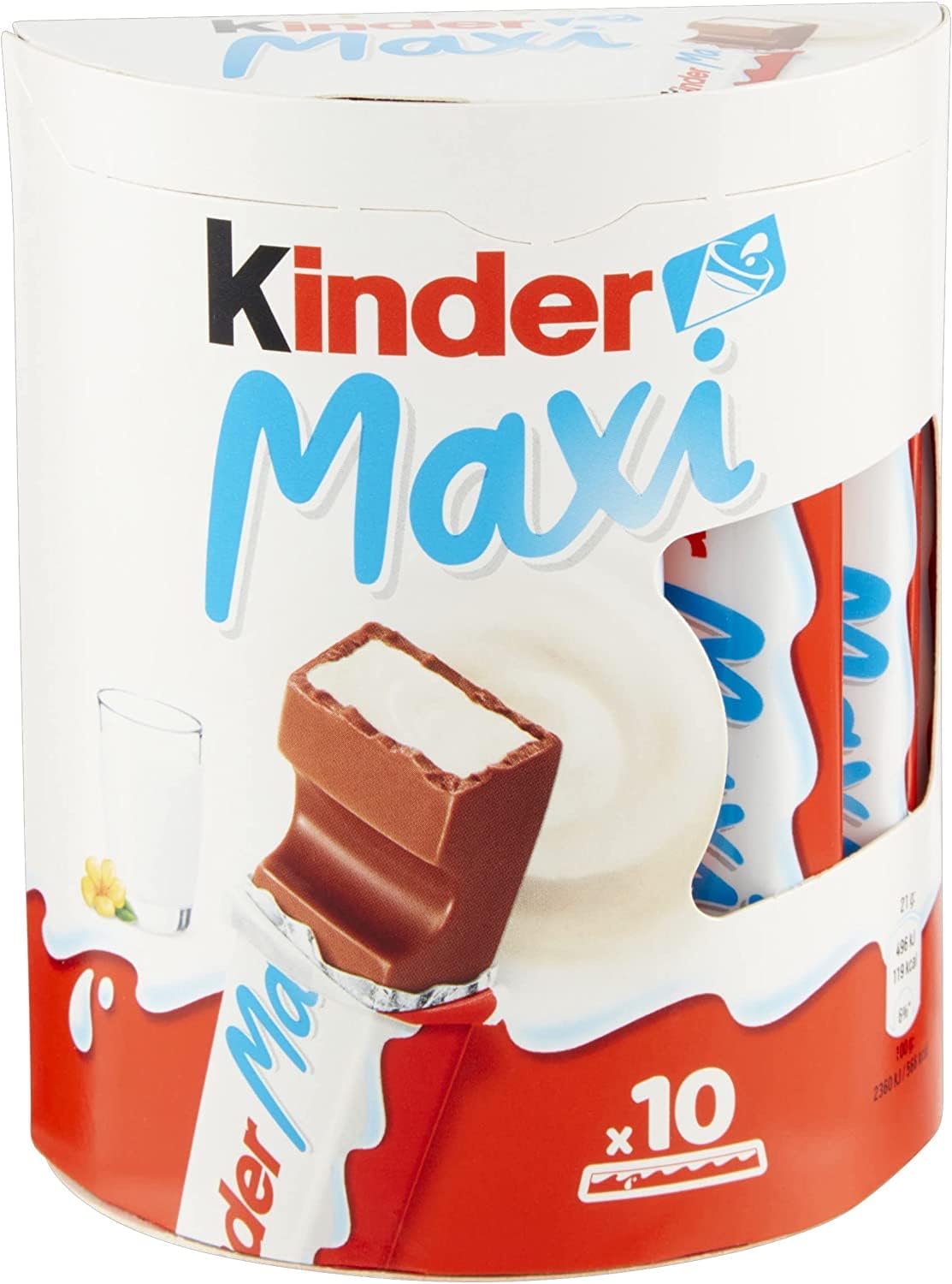 Kinder Maxi, barrette di cioccolato al latte, 10 pezzi da 21 gr