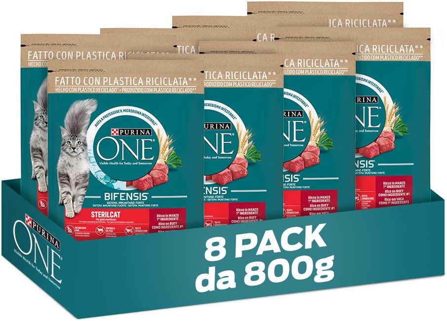 PURINA ONE Bifensis Crocchette Gatto Sterilcat Ricco in Manzo e Frumento- 8 sacchi da 800g ciascuno