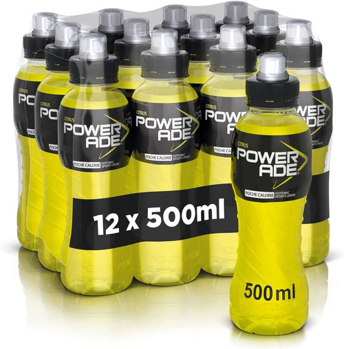 Powerade Citrus Sport Drink – 12 Bottiglie da 500 ml, Bevanda Isotonica, Bottiglia Ergonomica in PET 100% Riciclabile con Tappo Sport, Soluzione di Carboidrati e Elettroliti