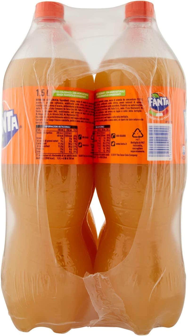 Fanta Original Gusto di Arancia – 6 Bottiglie da 1.5 L, con Succo di Arance Italiane, Senza Aggiunta di Conservanti, Bottiglia PET 100% riciclabile, Gusto Rinfrescante, Bevanda Analcolica Frizzante