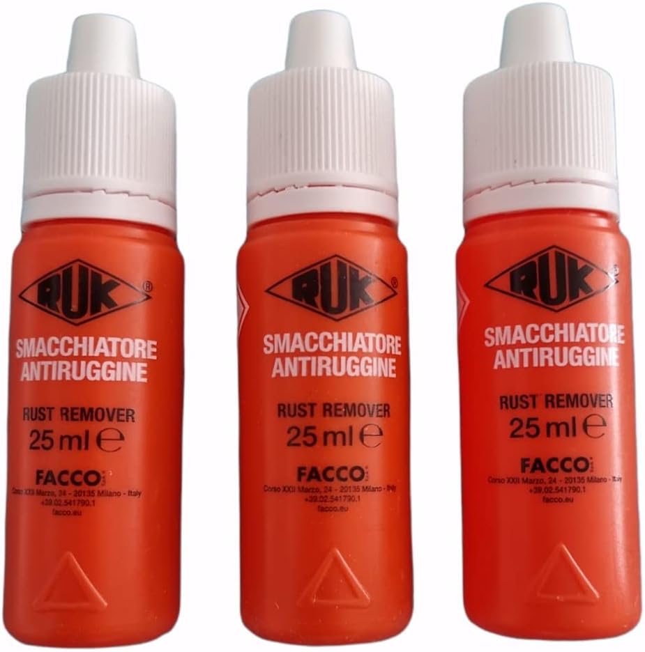 Smacchiatore Liquido Antiruggine Elimina ruggine e strinature del ferro da stiro da ogni tessuto. macchie di frutta e l'ingiallimento da bagni e wc 3 Pezzi da 25ml (Tot:75ml)