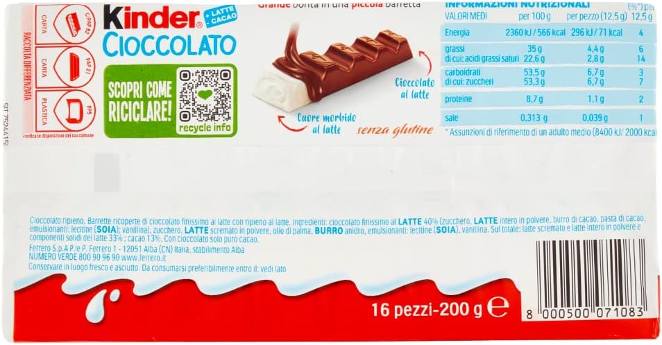 3X Ferrero, Kinder Cioccolato T16 Confezione da 200gr, Barrette ricoperte di cioccolato finissimo al latte [3 Pezzi]