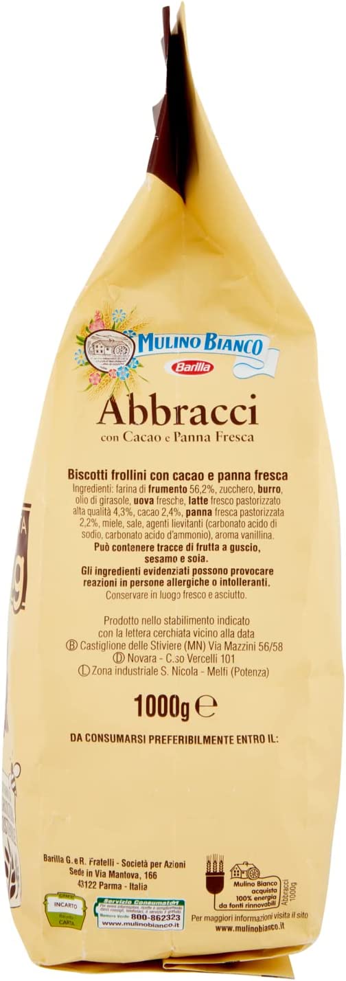 Mulino Bianco Biscotti Frollini Abbracci con Cacao e Panna Fresca, Senza Olio di Palma, Colazione Ricca di Gusto, 1 Kg