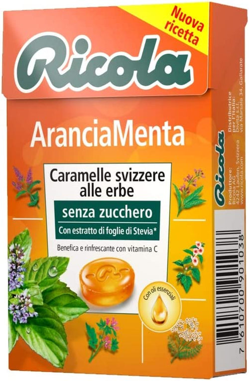 Caramelle RICOLA ARANCIA MENTA in Astuccio pz 20 - La caramella originale Ricola nella versione fruttata e rinfrescante - Senza zucchero e Senza glutine