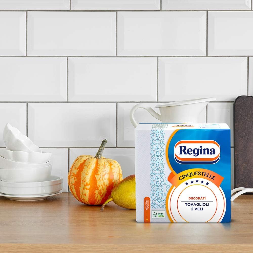 Regina Cinquestelle - 43 Tovaglioli a 2 Veli, Versatili ed Eleganti, Raffinate Decorazioni, 100% Pura Cellulosa Certificata FSC®