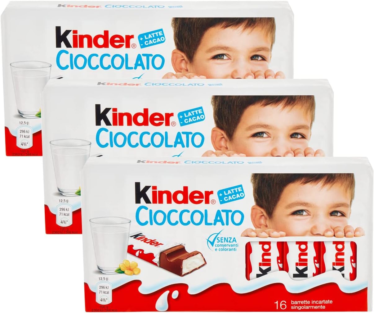 3X Ferrero, Kinder Cioccolato T16 Confezione da 200gr, Barrette ricoperte di cioccolato finissimo al latte [3 Pezzi]