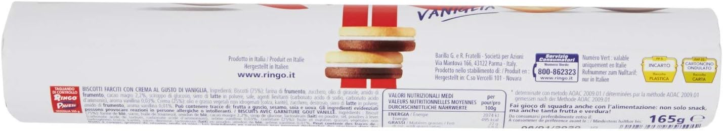 Pavesi Ringo Biscotti Farciti con Crema al Gusto Vaniglia, Snack per Merenda o Pausa Studio, senza Olio di Palma - Formato Tubo, 12 Pezzi da 165 g (1980 g)