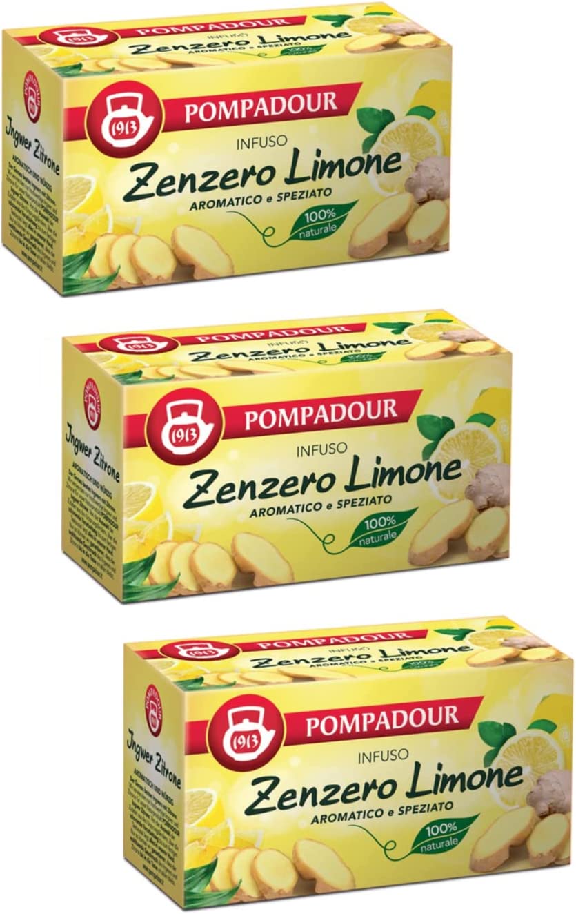 Pompadour 1913 | Infuso Zenzero Limone | Tisana Aroma Speziato | Tè Naturale Senza Caffeina - 3 x 20 Filtri di Tè (108 Gr)